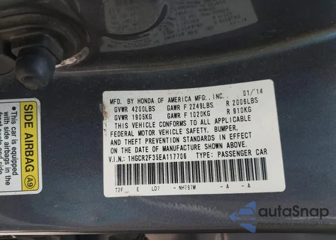 2014 Honda Accord Lx from USA, damaged, VIN 1HGCR2F35EA117706